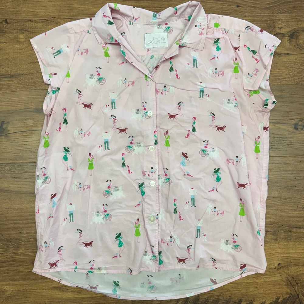 The Cat's Pajamas Womens 1X Pajama Top Pink Novelty Dog Walker Short Sleeve